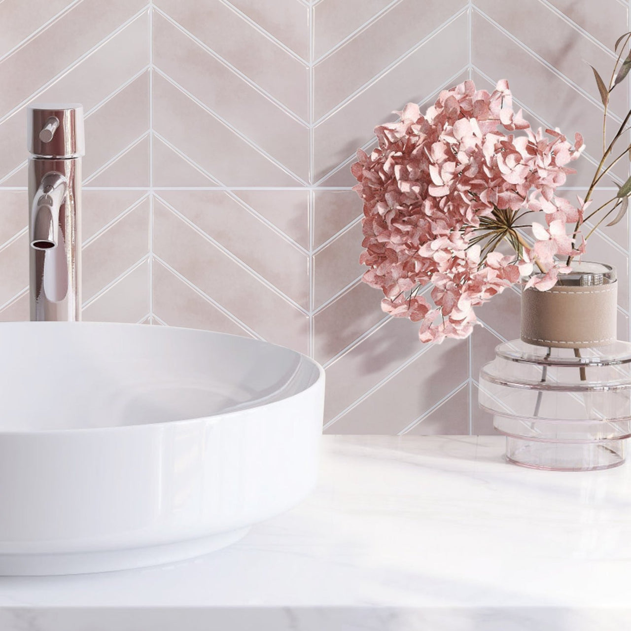 pink chevron peel and stick tiles in bathroom