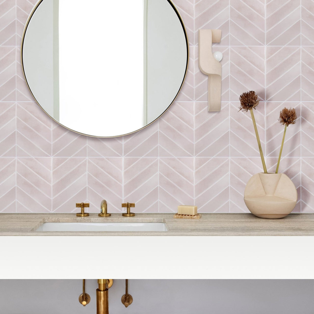 pink chevron peel and stick tiles in bathroom