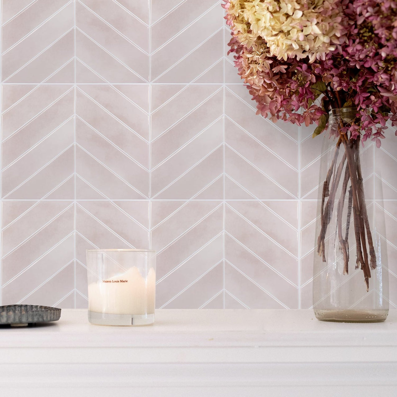 pink chevron peel and stick tiles feature wall