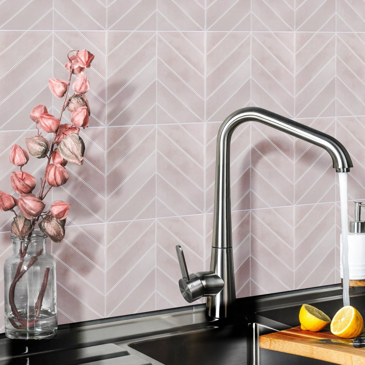 pink chevron peel and stick tiles in kitchen