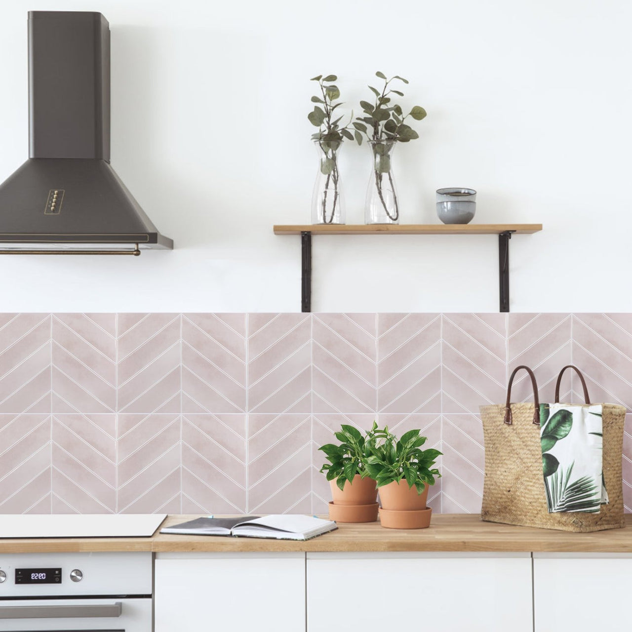 pink chevron peel and stick tiles in kitchen