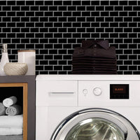 Thumbnail for Black subway peel and stick vinyl wall tiles with white grout in laundry room