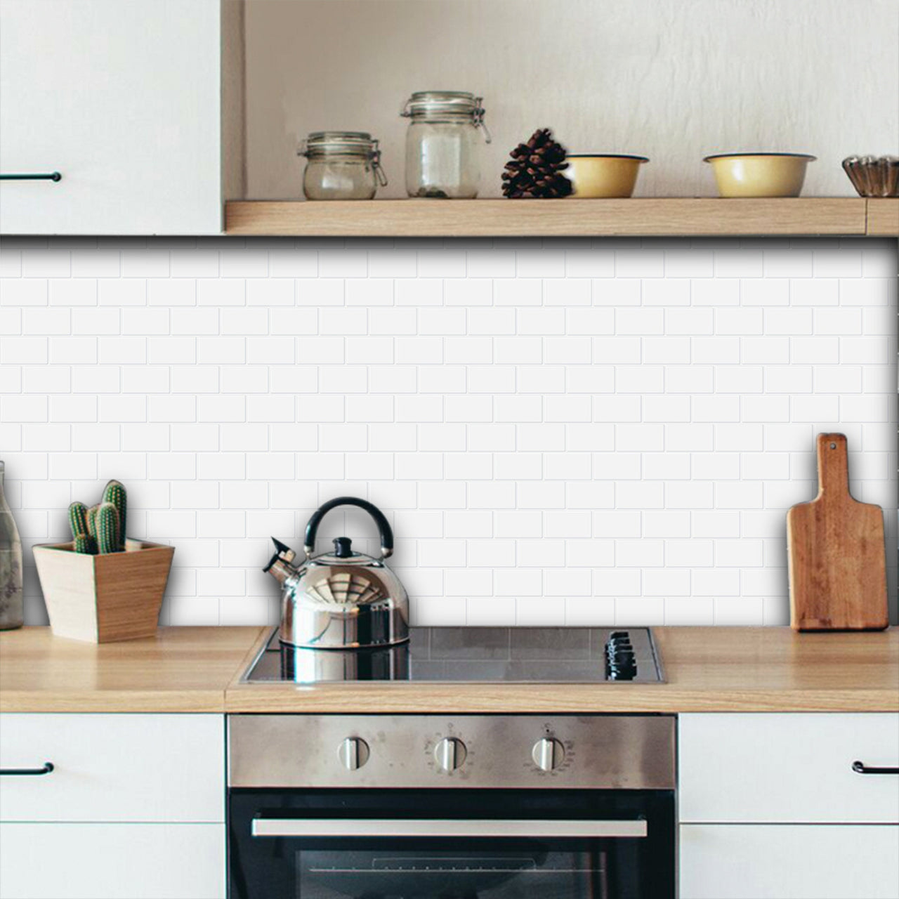 White subway tile with white grout kitchen splashback that is peel and stick