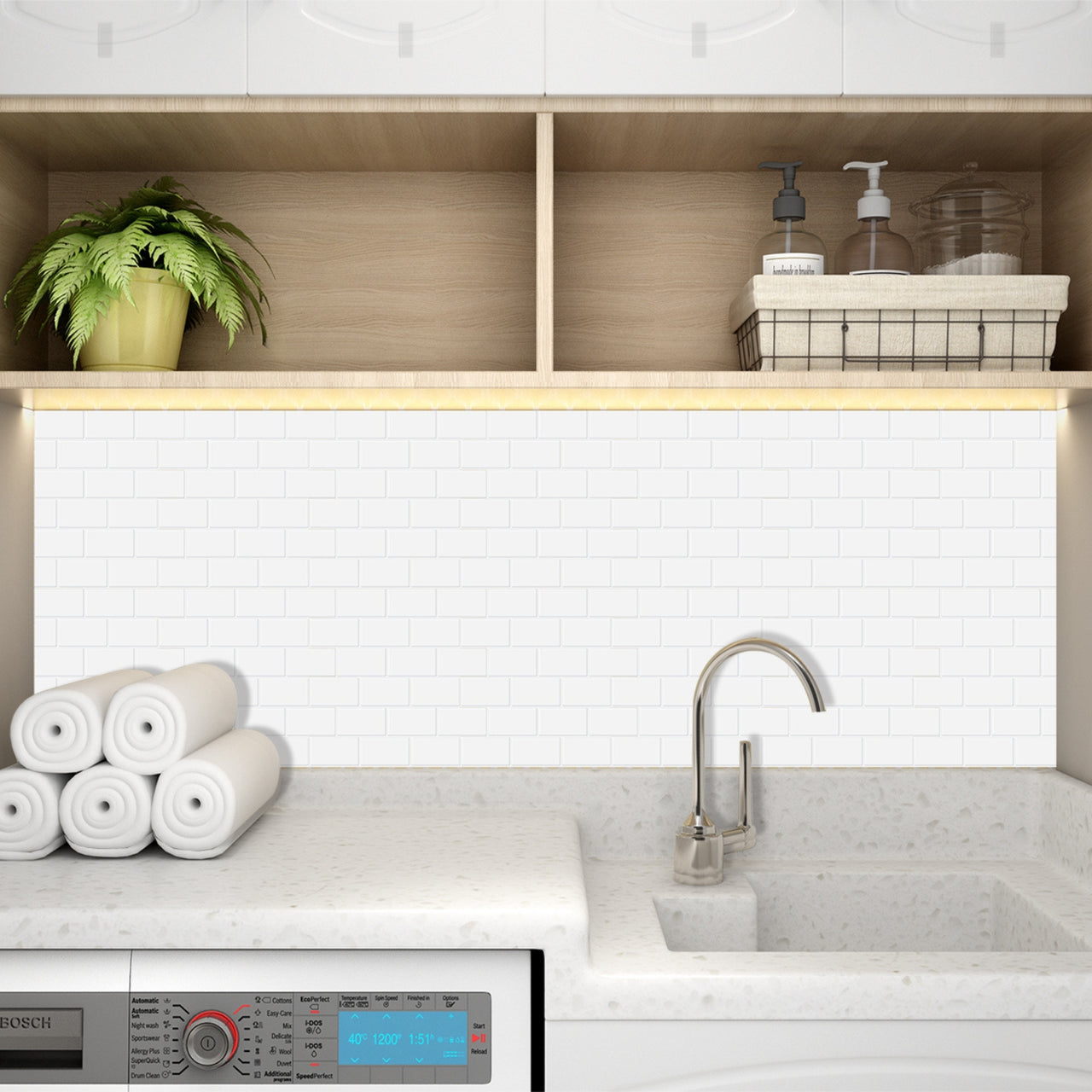 White subway tiles with white grout in laundry