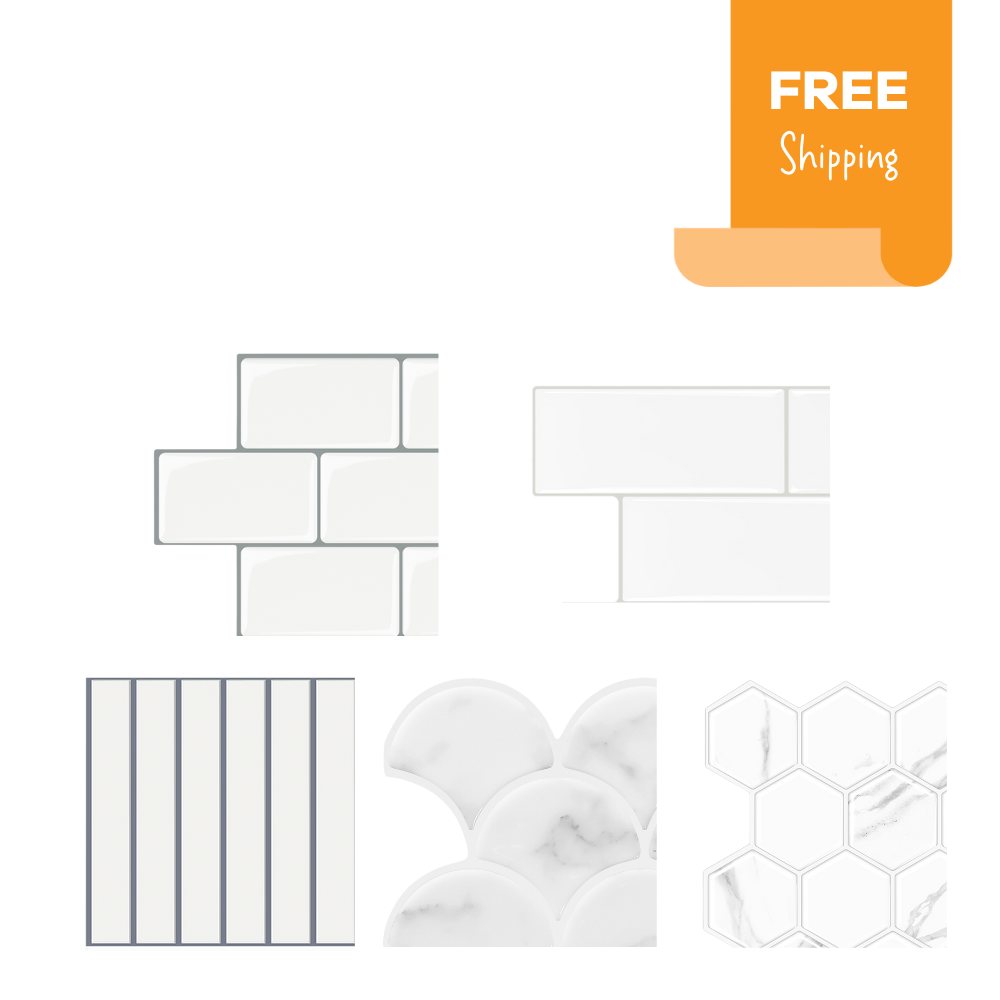 Sample pack of white peel and stick tiles with grey grout