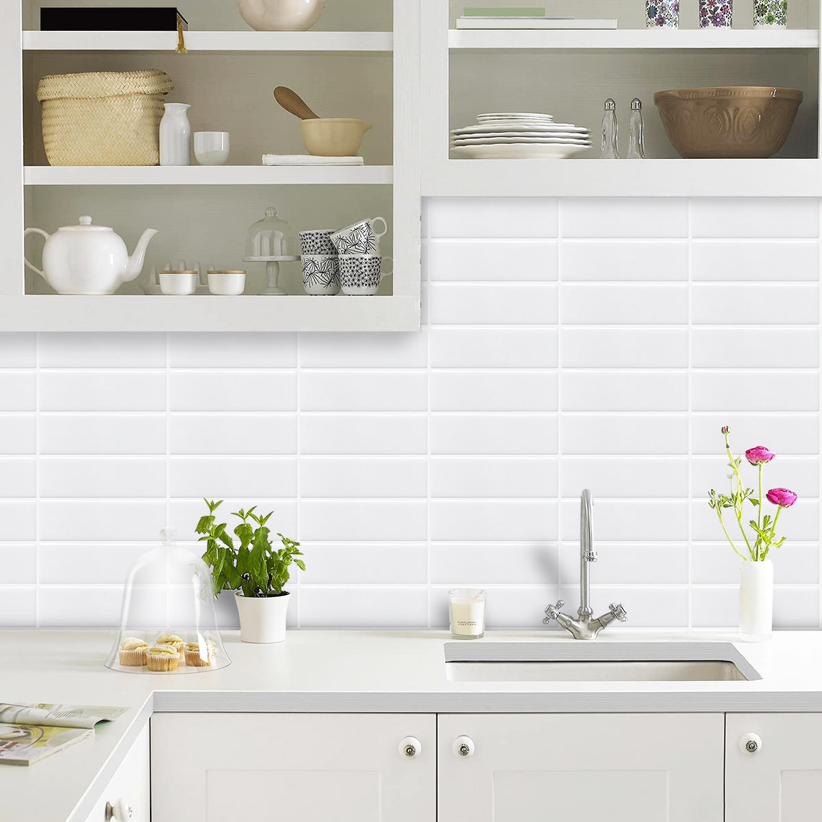 White stacked subway tiles as a kitchen splash back