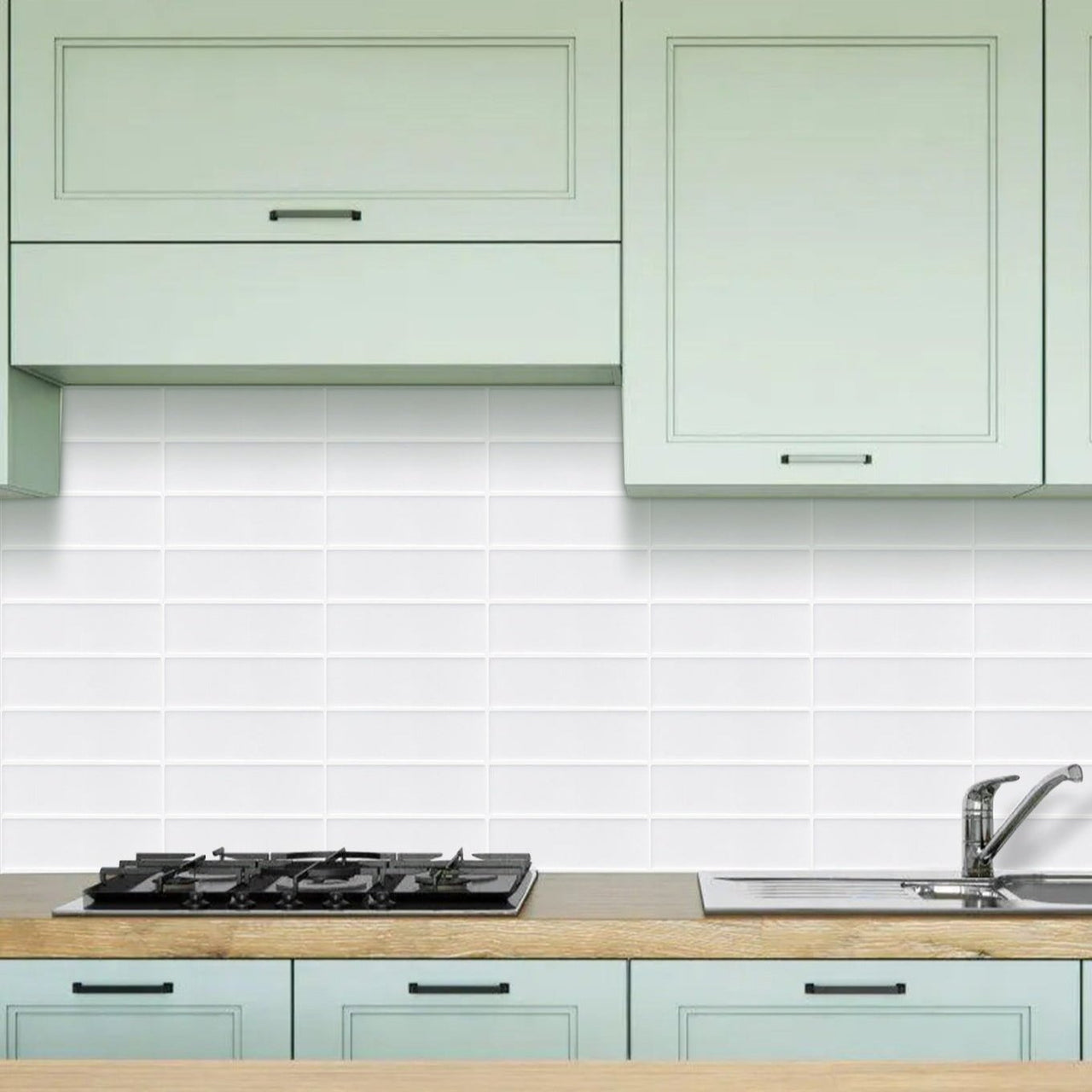 White stacked subway tiles in kitchen