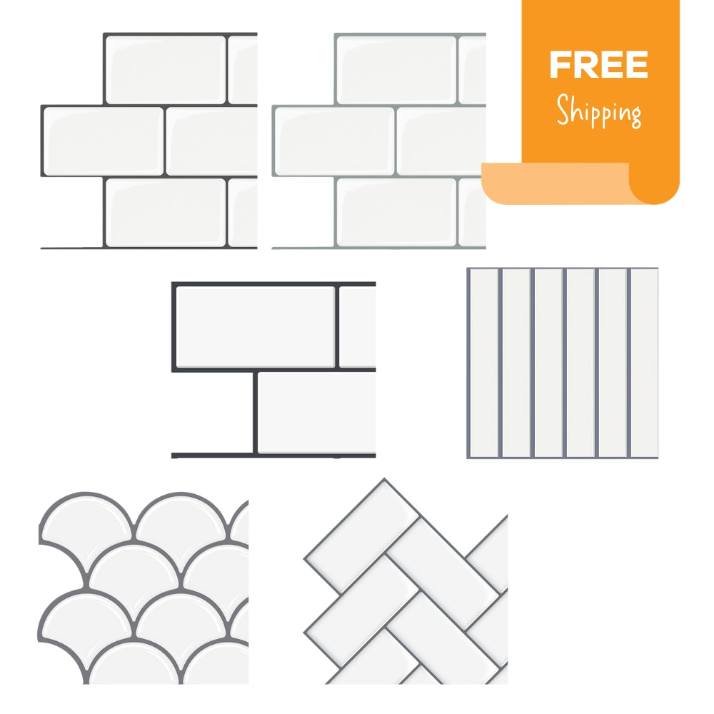 Sample pack of white peel and stick tiles with grey grout