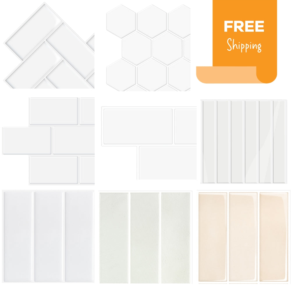 Sample pack of white peel and stick tiles with white grout