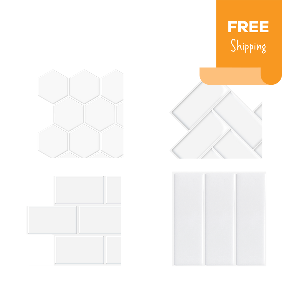 Sample pack of white peel and stick tiles with white grout