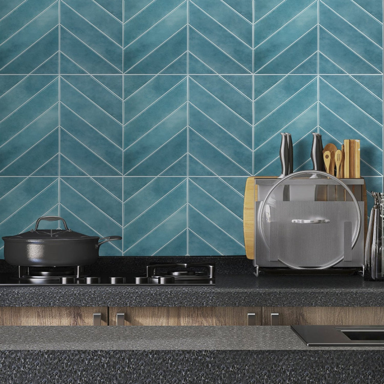 blue chevron peel and stick tiles kitchen