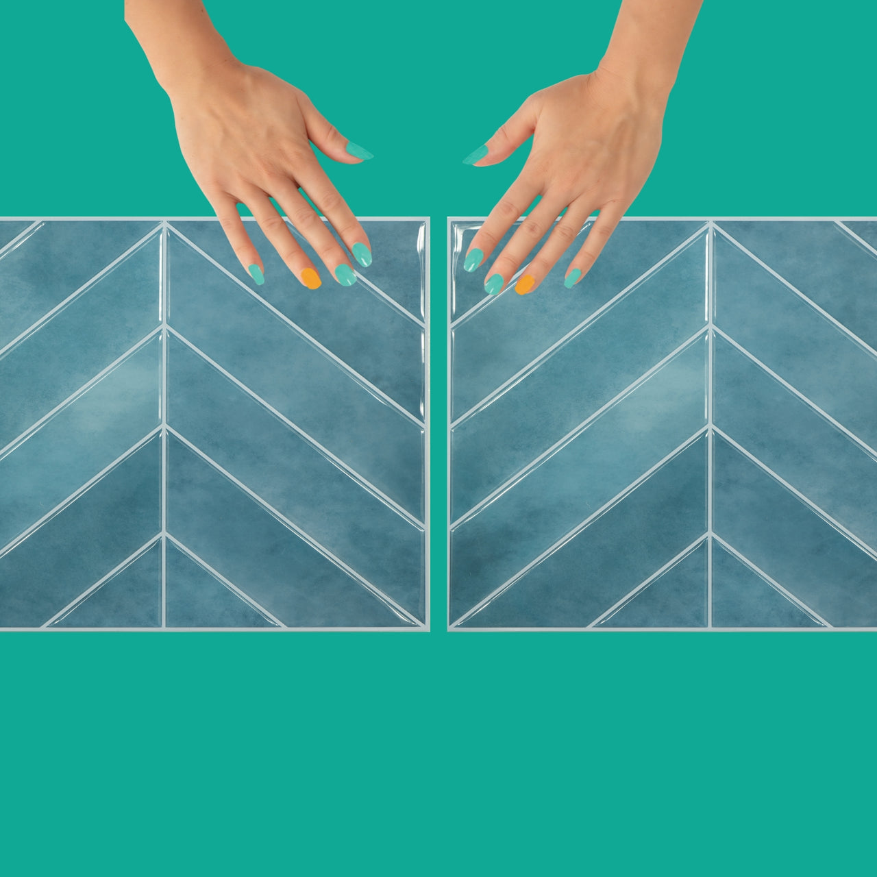 Blue chevron peel and stick tiles installation