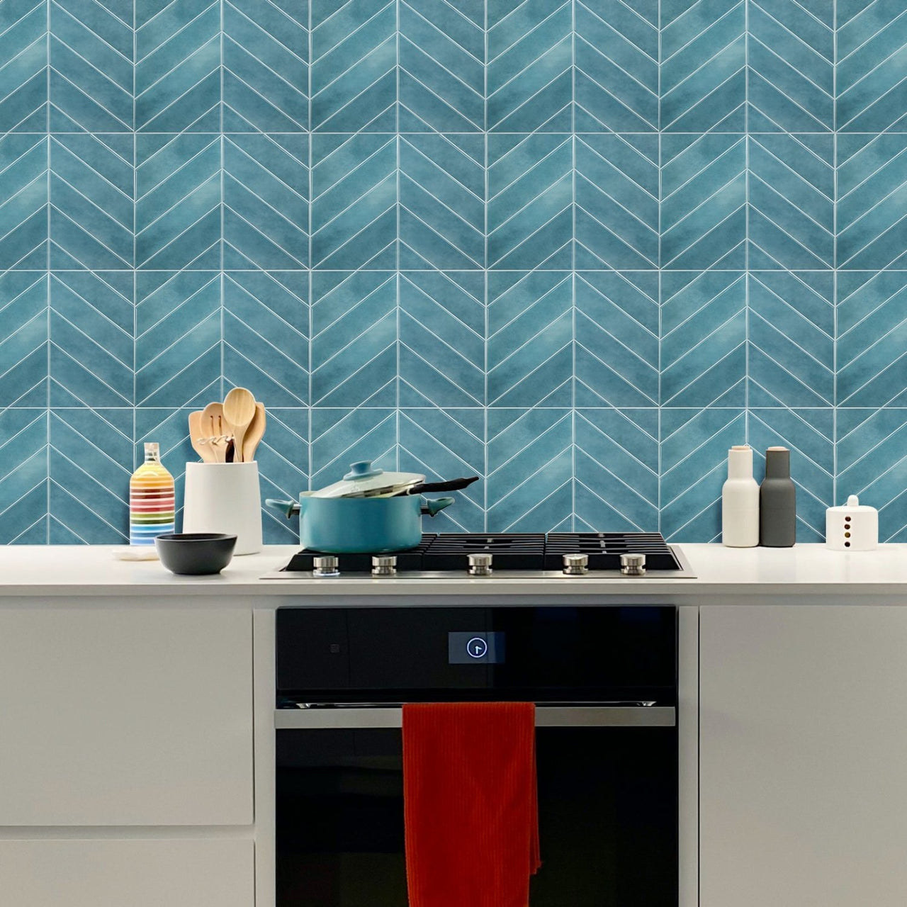 blue chevron peel and stick tiles kitchen