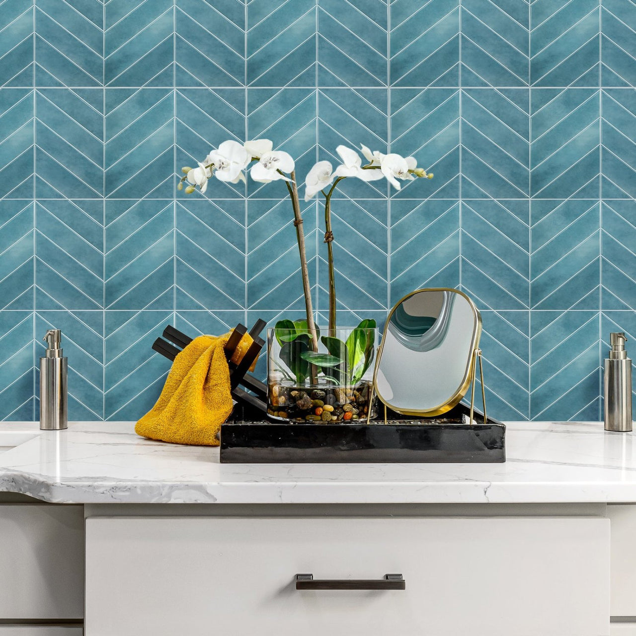 blue chevron peel and stick tiles splash back