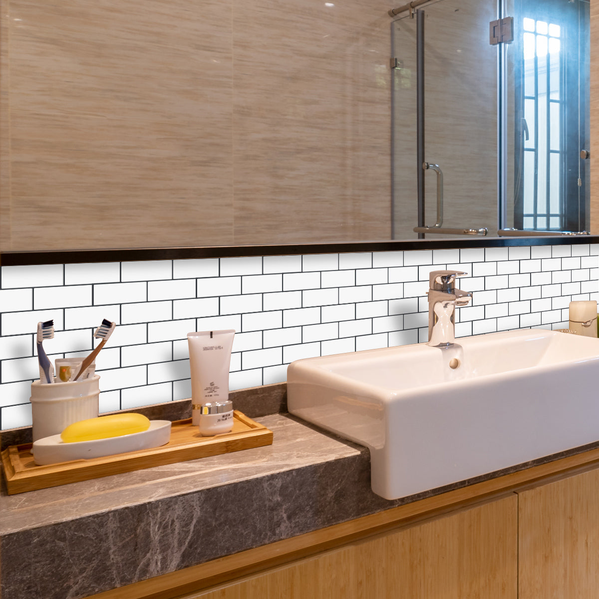 White subway peel and stick wall tile in bathroom