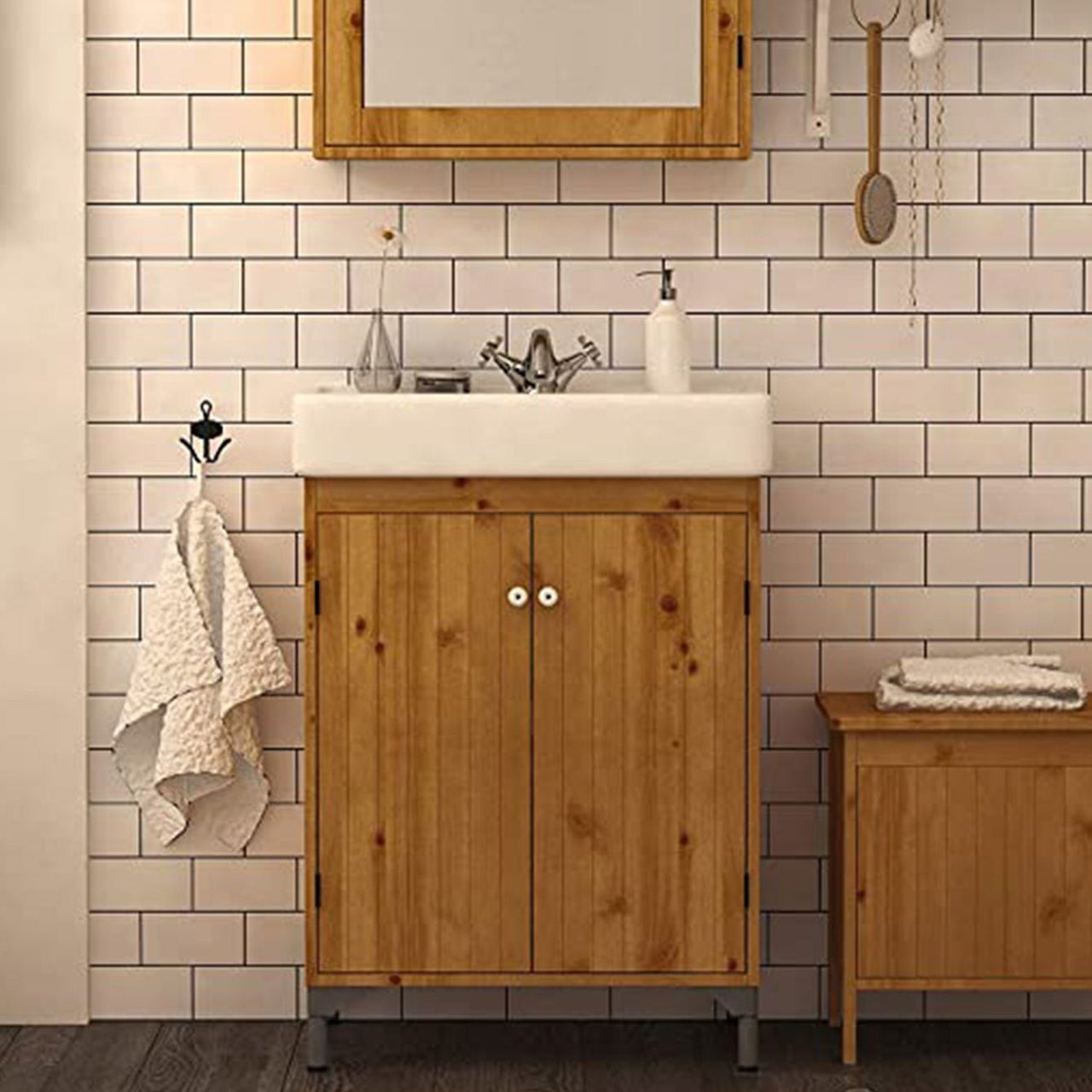 White subway peel and stick tile with on bathroom wall