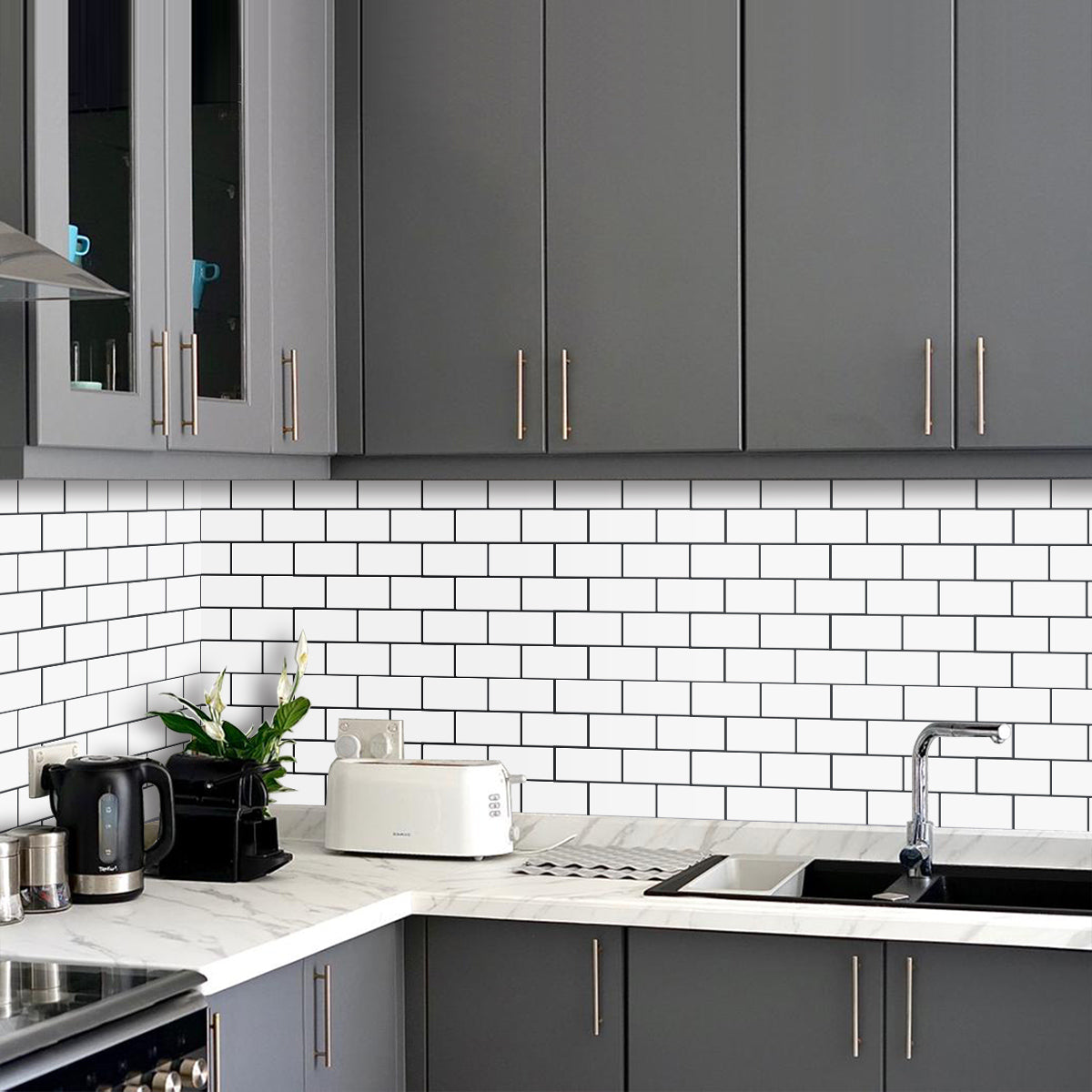 White peel and stick subway tile in kitchen