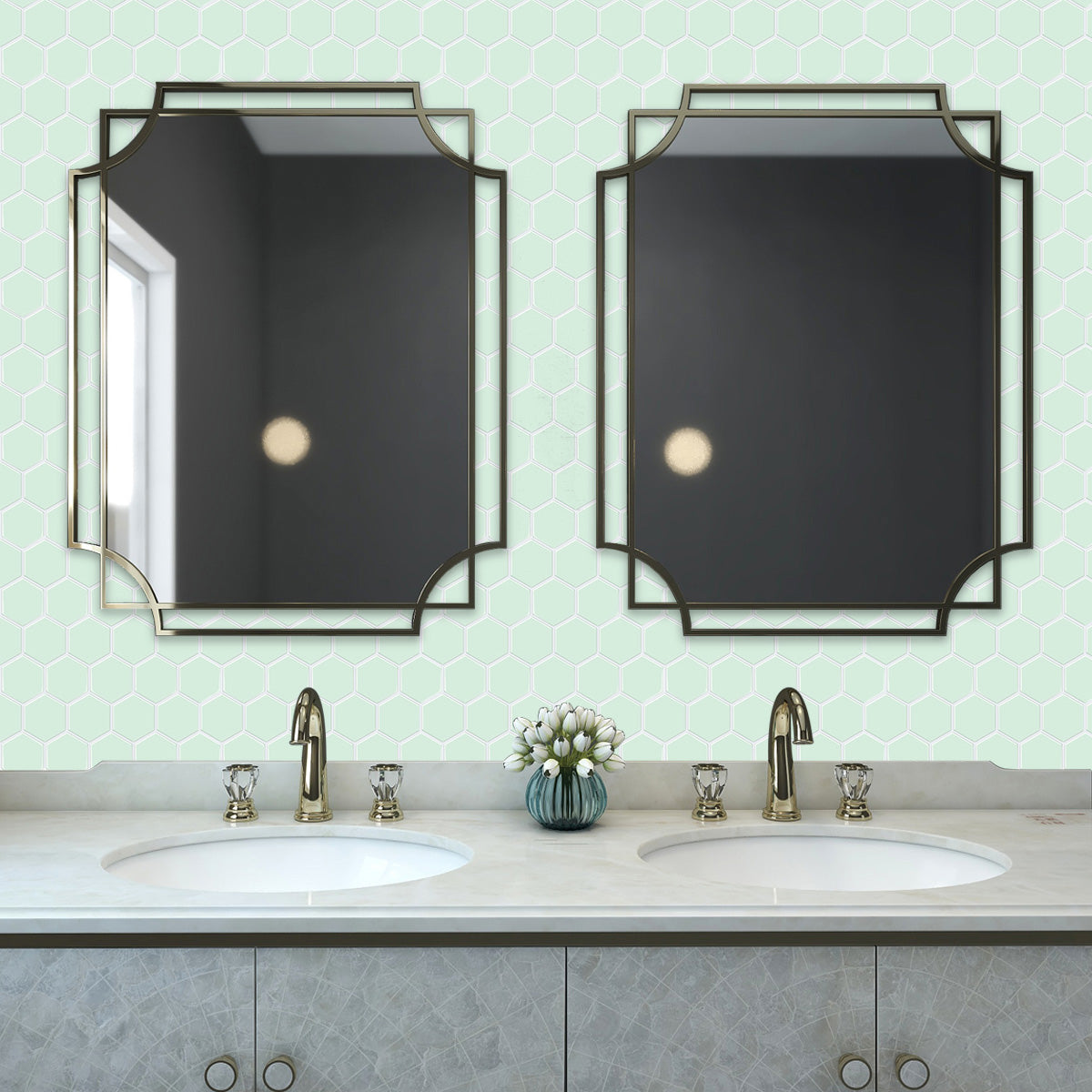 Mint green hexagon peel and stick tiles above a bathroom vanity