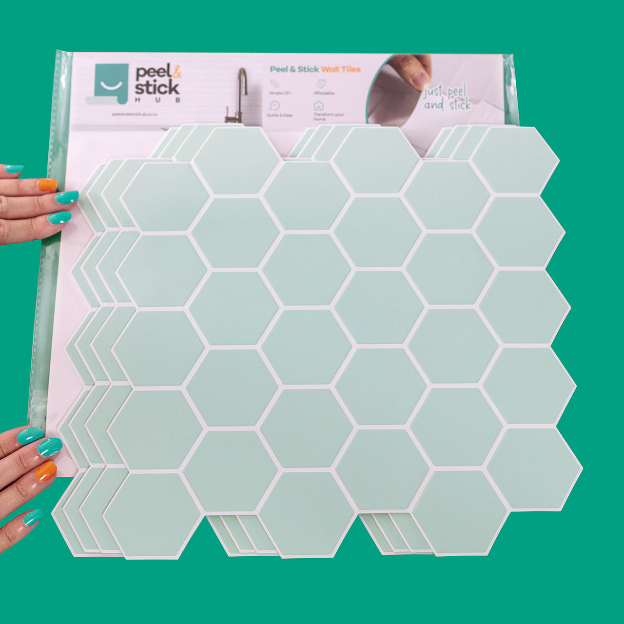 4-pack of mint green peel and stick hexagon tiles