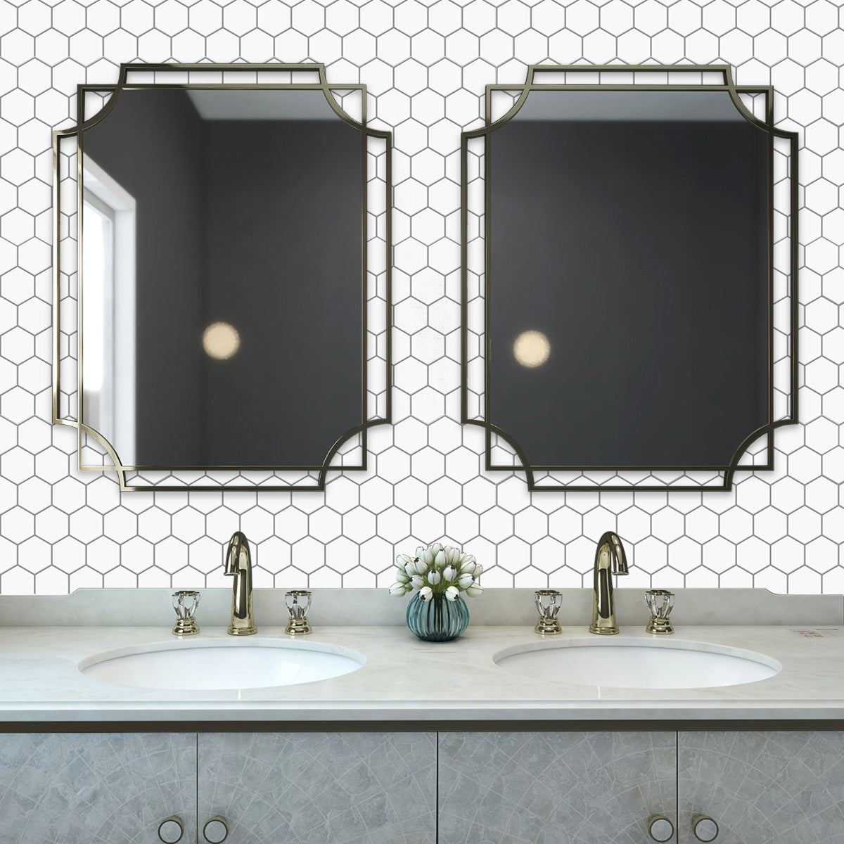 White hexagon tiles above vanity in bathroom