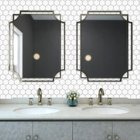 Thumbnail for White hexagon tiles above vanity in bathroom
