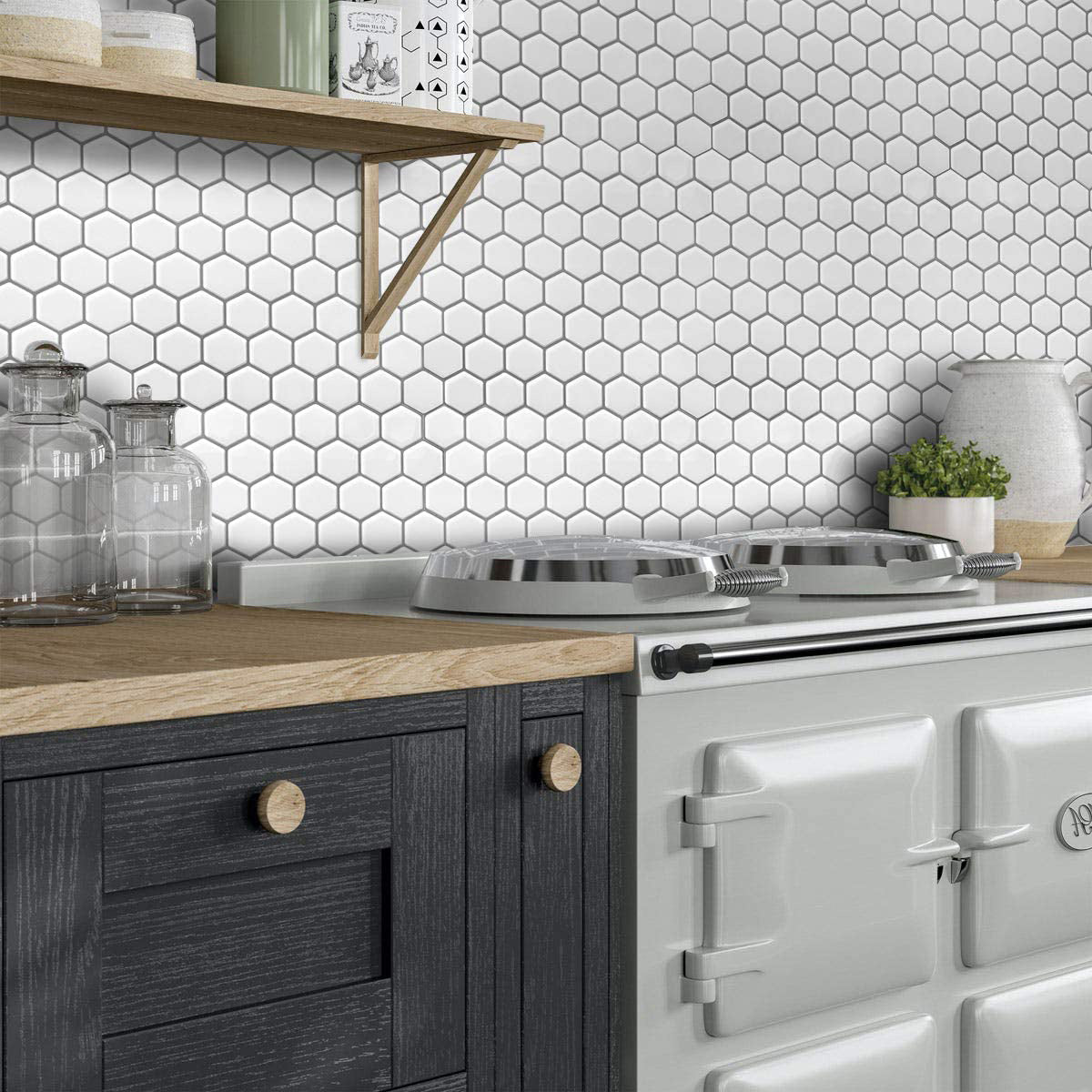 White hexagon tiles with grey grout in the kitchen