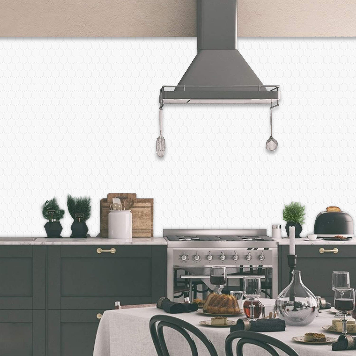 White hexagon peel and stick tiles in a kitchen