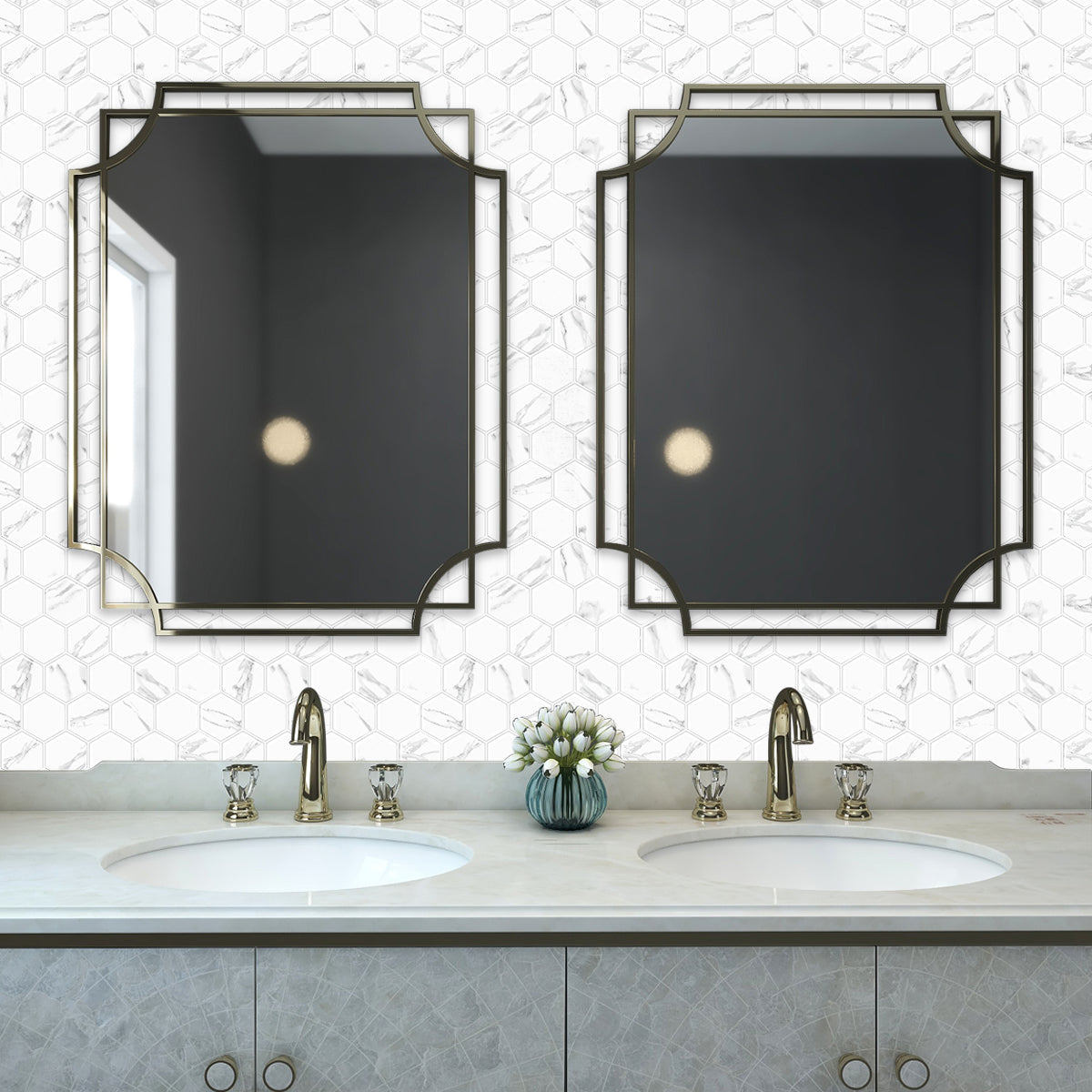 White hexagon tiles above bathroom vanity