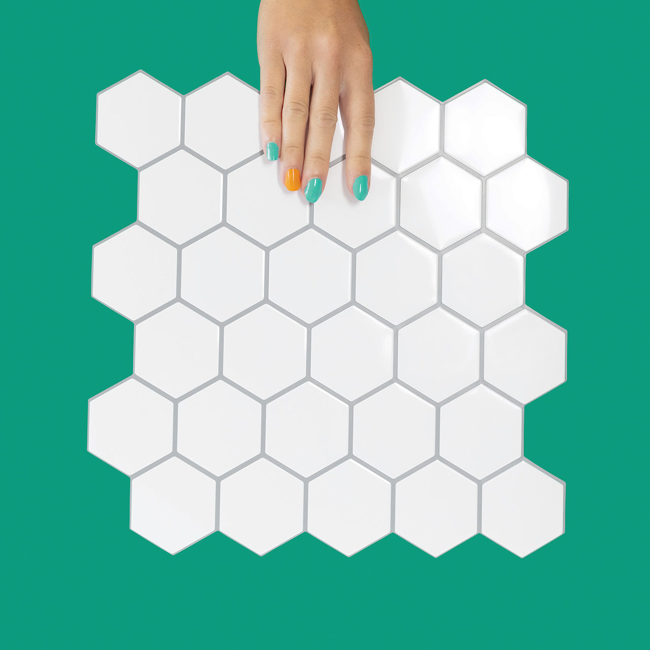 white hexagon tile with grey grout