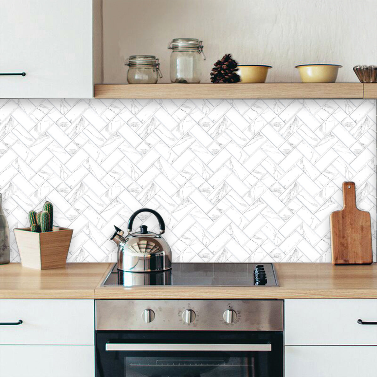 Herringbone marble tile kitchen splash back