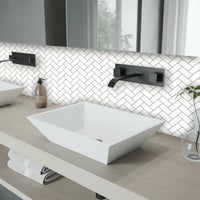 Thumbnail for White herringbone tiles above a bathroom vanity