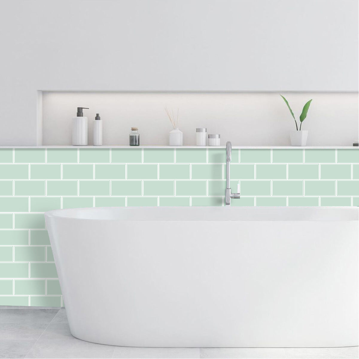 Bathroom with mint green subway tiles